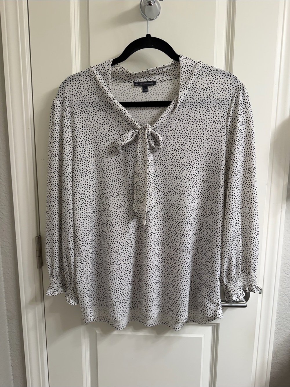 Adrianna Papell White Blouse with Black Dot Print and Tie-Neck